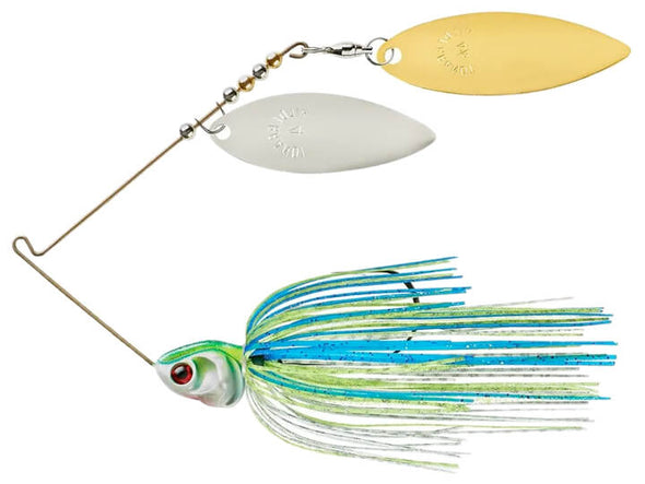 Booyah Covert Double Willow Spinnerbait White Chartreuse Blue Pearl Chartreuse Blue